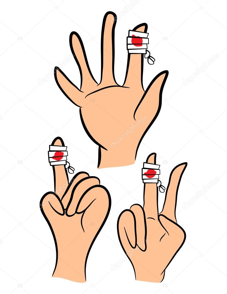 Set of Injured finger, hand wrapped in bandage  with red  blood puddle. Vector illustration isolated on white background.
