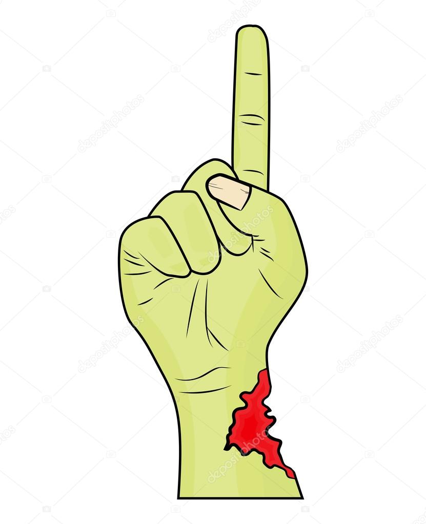 Zombie hand finger up gesture halloween vector - realistic cartoon isolated illustration. Image of scary monster hand gesture pointing up with torn, riven green skin. Picture isolated on white
