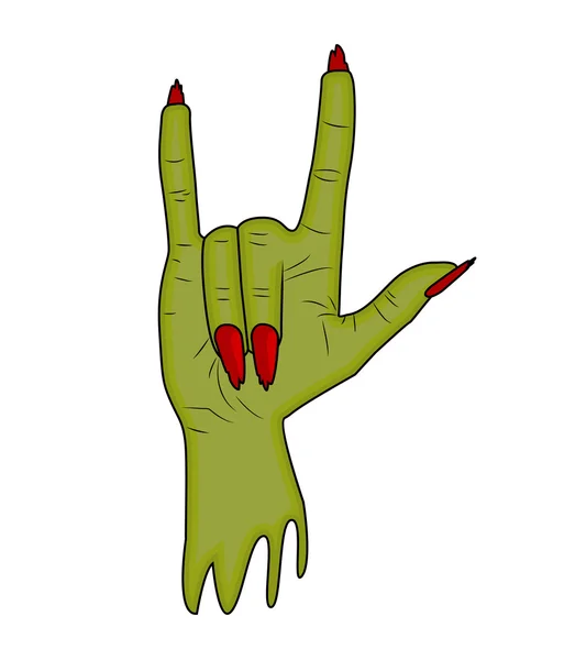 ゾンビの手角、サタンのサイン指ジェスチャー ハロウィーンのベクトル。現実的な漫画イラスト白背景に分離されました。引き裂かれた、引き裂かれた緑色の肌で怖いモンスターの手の画像. — ストックベクタ
