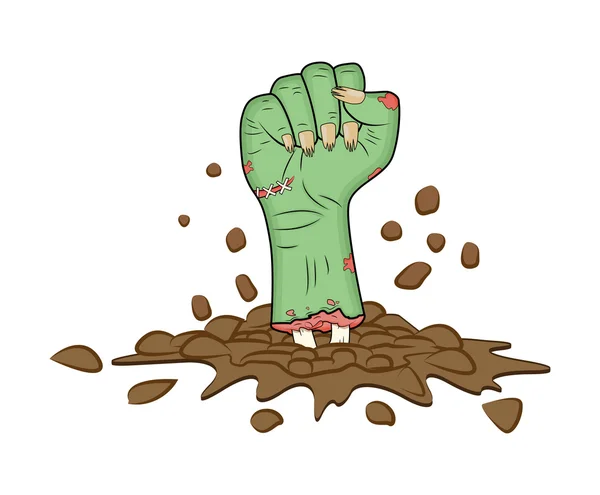 Mano zombie, gesto pugno fuori terra vettore Halloween realistico cartone animato isolato illustrazione. Immagine di spaventoso gesto del pugno mostruoso con le ossa fuori pelle verde. Immagine isolata su sfondo bianco . — Vettoriale Stock