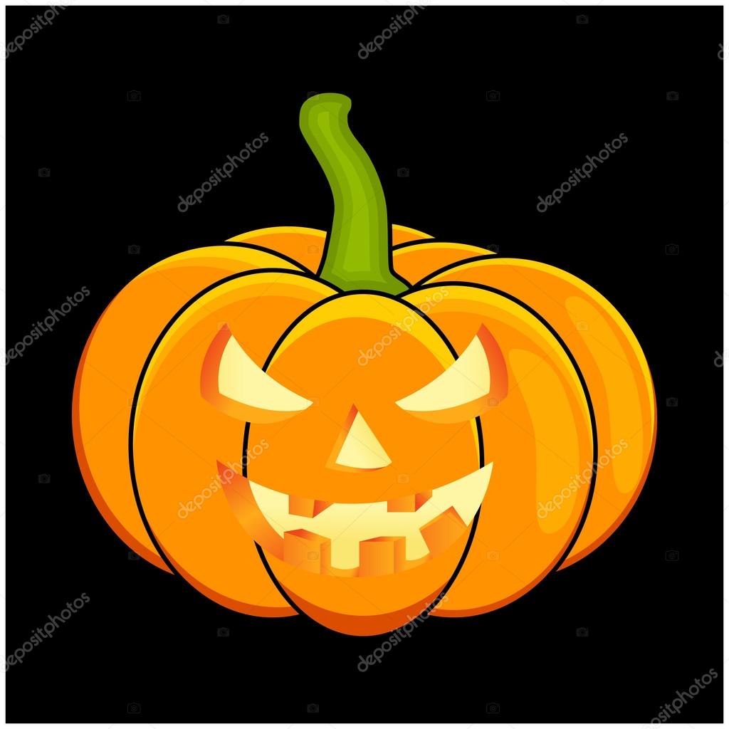 Halloween pumpkin vector illustration, Jack O Lantern  isolated on black background. Scary orange picture with candle light inside.