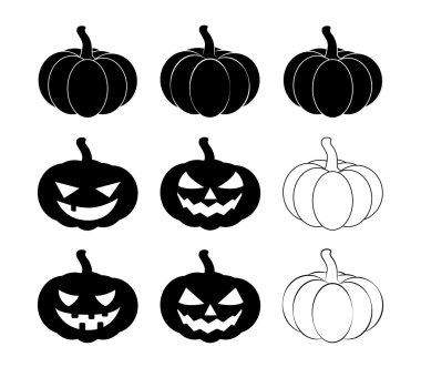 Halloween pumpkin silhouette set vector illustration, Jack O Lantern  isolated on white background. Scary orange picture with eyes. clipart