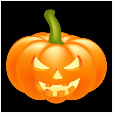 Halloween pumpkin vector illustration, Jack O Lantern isolated on black background. Scary orange picture with eyes and candle light inside.