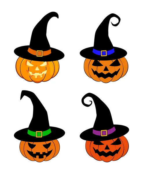 Halloween pumpkin in witches hat vector set illustration, Jack O Lantern isolated on white background. Scary orange picture with eyes. — Stock Vector