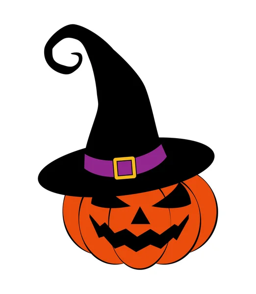 Halloween pumpkin in witches hat vector illustration, Jack O Lantern isolated on white background. Scary orange picture with eyes. — Wektor stockowy