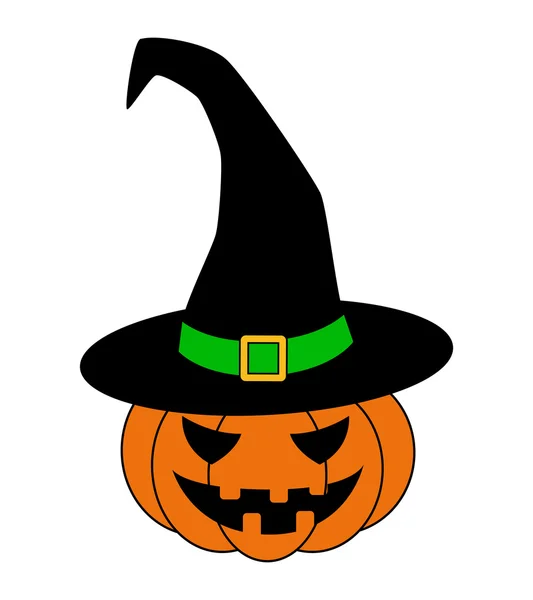 Halloween pumpkin in witches hat vector illustration, Jack O Lantern isolated on white background. Scary orange picture with eyes. — Wektor stockowy