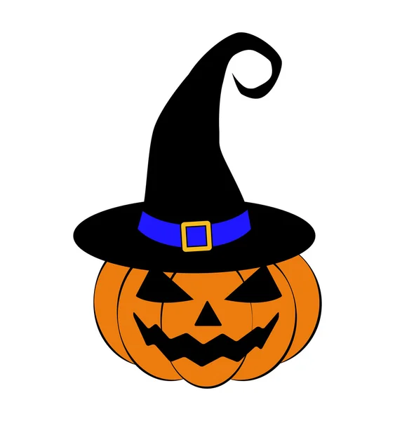 Halloween pumpkin in witches hat vector illustration, Jack O Lantern isolated on white background. Scary orange picture with eyes. — Wektor stockowy