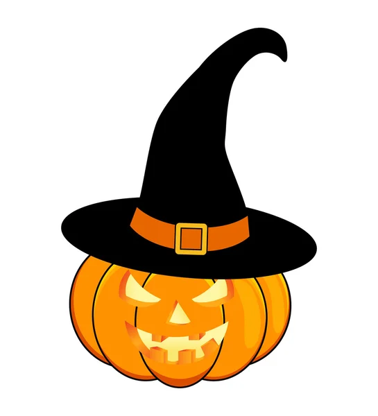 Halloween pumpkin in hat vector illustration, Jack O Lantern isolated on white background. Scary orange picture with eyes and candle light inside. — Wektor stockowy