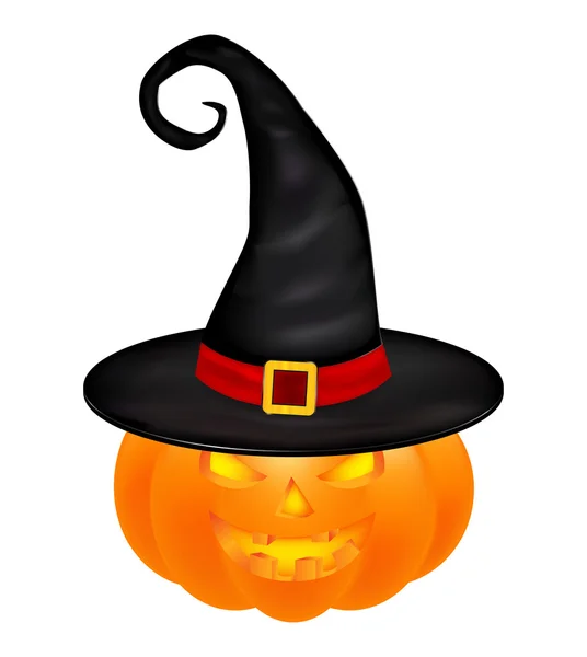 Calabaza de Halloween en la ilustración del vector sombrero, Jack O Lantern aislado sobre fondo blanco. Cuadro naranja aterrador con ojos y luz de vela en el interior . — Vector de stock