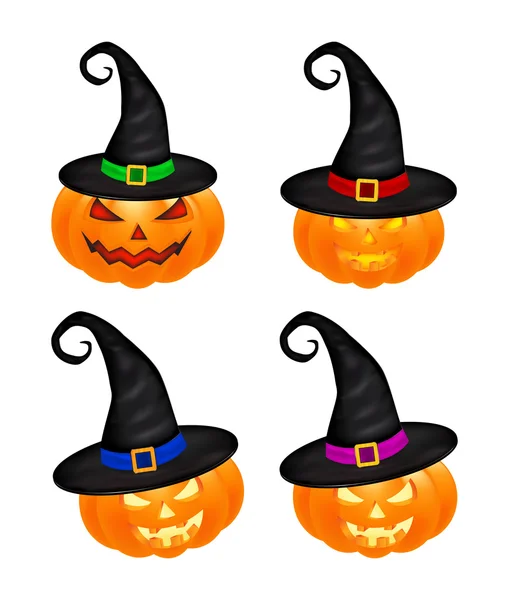 Zucca di Halloween in cappello vettoriale set illustrazione, Jack O Lanterna isolato su sfondo bianco. Immagine spaventosa arancione con occhi e luce di candela all'interno . — Vettoriale Stock