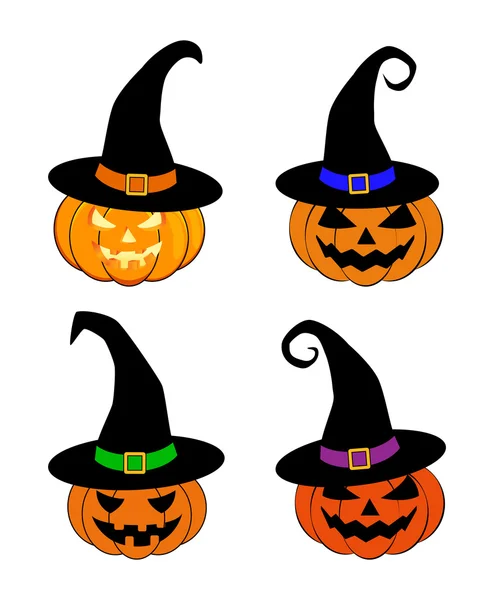 Calabaza de Halloween en brujas sombrero vector conjunto ilustración, Jack O Linterna aislado sobre fondo blanco. Cuadro naranja aterrador con ojos . Vector De Stock