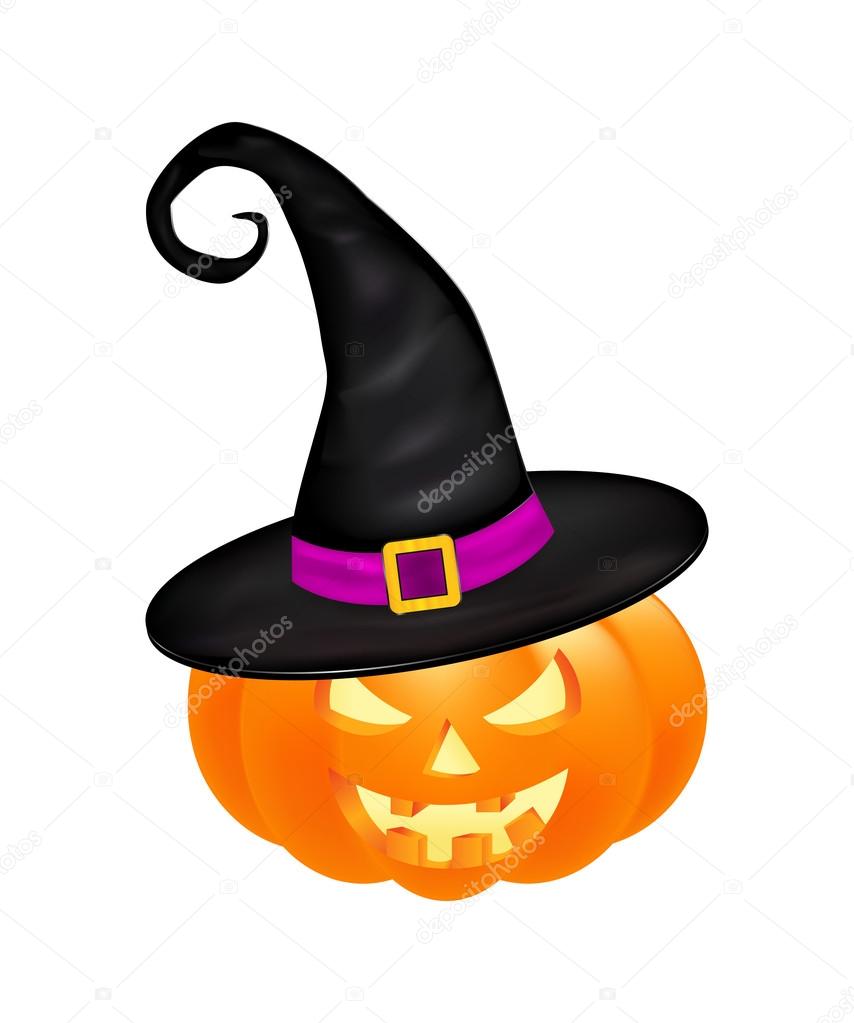 Halloween pumpkin in hat vector illustration, Jack O Lantern isolated on white background. Scary orange picture with eyes and candle light inside.