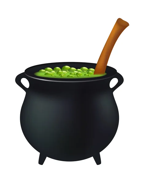 Caldero de brujas con poción verde, brebaje de brujas burbujeantes. Ilustración vectorial realista aislada sobre fondo blanco . — Vector de stock