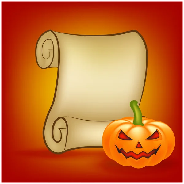 Halloween banner, card with empty paper scroll and pumpkin. Blank ancient scroll of parchment wallpaper, background. Poster or brochure for Halloween party. Vector illustration. — Stock Vector