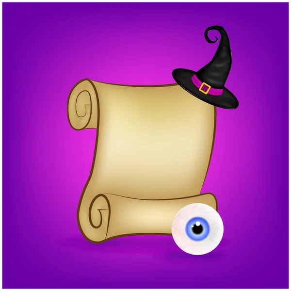 Halloween banner, kártya üres papír tekercset és a szemgolyó, a boszorkányok kalap. Üres ősi lapozzunk a pergamen háttérkép, háttér. Poszter vagy brosúra a Halloween party. Vektoros illusztráció. — Stock Vector
