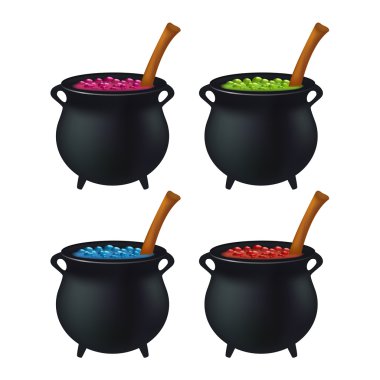 Witch cauldron with colorful potion, bubbling witches brew. Realistic Vector illustration isolated on white background. clipart