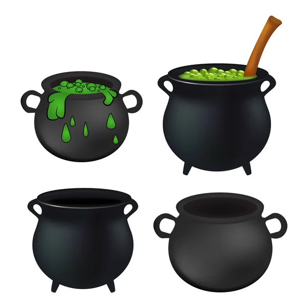 Witch cauldron empty and with green potion, bubbling witches brew set. Realistic Vector illustration isolated on white background. — Stock Vector