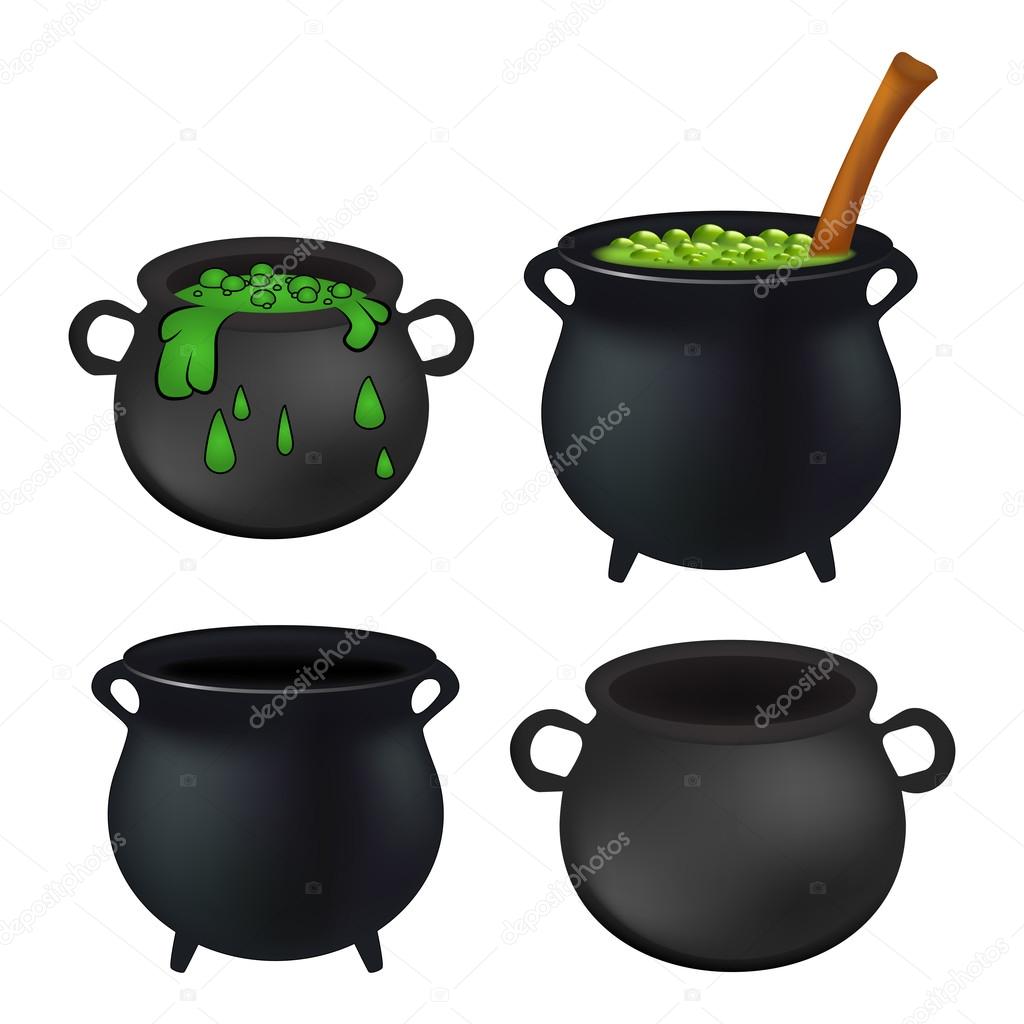 Witch cauldron empty and with green potion, bubbling witches brew set. Realistic Vector illustration isolated on white background.