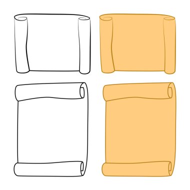 Paper scroll clipart, outline set vector isolated on white background. Empty, blank parchment rolled up scroll, old paper sheet texture.