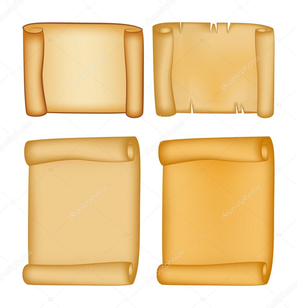 Paper scroll vector set isolated on white background. Empty parchment rolled up scroll, old paper sheet texture. Created with gradient mesh.