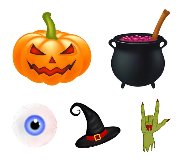 Halloween tecknad vektor set, symboler samling. uppsättning vektorobjekt, pumpor, häxa hatt kittel och mycket mer. Vektor uppsättning söta Halloween element, föremål och ikoner för din design — Stock vektor