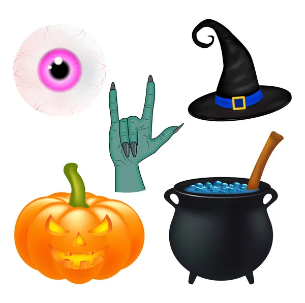 Ensemble de vecteurs de dessin animé Halloween, collection de symboles. ensemble d'objets vectoriels, citrouilles, chaudron chapeau de sorcière, et plus encore. Ensemble vectoriel d'éléments, d'objets et d'icônes d'Halloween mignons pour votre conception — Image vectorielle