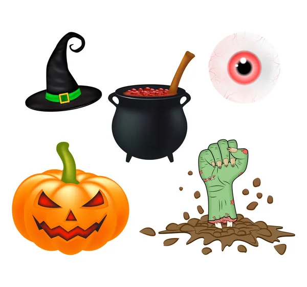 Halloween conjunto de vectores de dibujos animados, colección de símbolos. conjunto de objetos vectoriales, calabazas, caldero sombrero de bruja, y más. Vector Conjunto de elementos de Halloween lindo, objetos e iconos para su diseño — Vector de stock