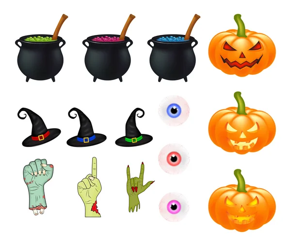 Ensemble de vecteurs de dessin animé Halloween, collection de symboles. ensemble d'objets vectoriels, citrouilles, chaudron chapeau de sorcière, et plus encore. Ensemble vectoriel d'éléments, d'objets et d'icônes d'Halloween mignons pour votre conception — Image vectorielle