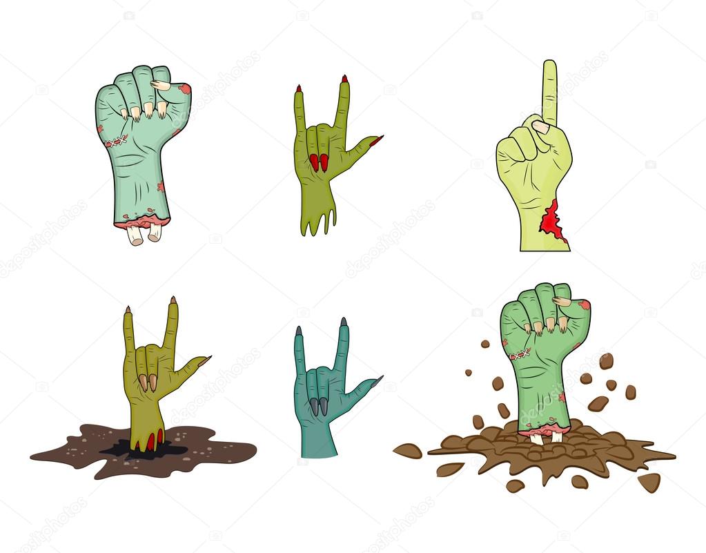 Halloween Zombie hand gesture vector set - realistic cartoon isolated illustration. Image of scary monster hand gesture. Picture isolated on white background.