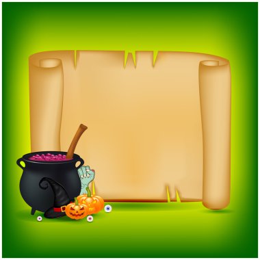 Halloween banner, card with empty paper scroll and witches cauldron, potion, pumpkin. Blank ancient scroll of parchment wallpaper, background. Poster or brochure for Halloween party. Vector illustrati