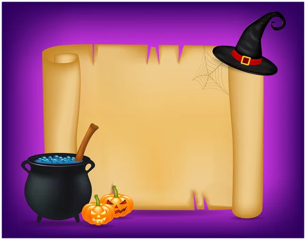 Cadılar Bayramı afişi, içinde boş kağıt tomarı olan kart cadı kazanı, mavi iksir, balkabağı. Boş vektör eski parşömen parşömeni duvar kağıdı, arka plan. Cadılar Bayramı partisi için poster ya da broşür.