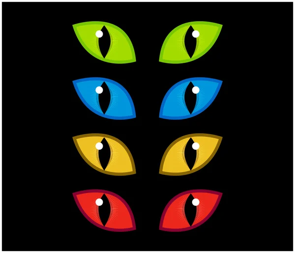 Halloween espeluznante ojos vector conjunto aislado sobre fondo negro. Ilustración del malvado, peligroso, salvaje iris gato enojado en la oscuridad — Archivo Imágenes Vectoriales