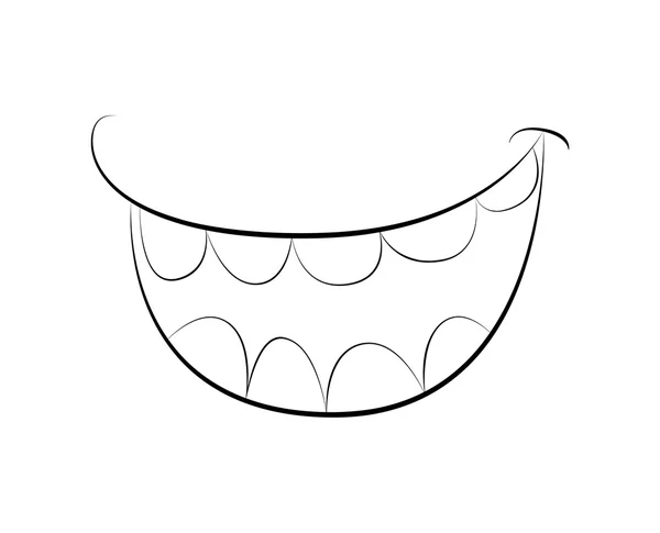Sonrisa de dibujos animados, boca, labios con dientes. silueta vectorial, ilustración del contorno aislada sobre fondo blanco — Vector de stock