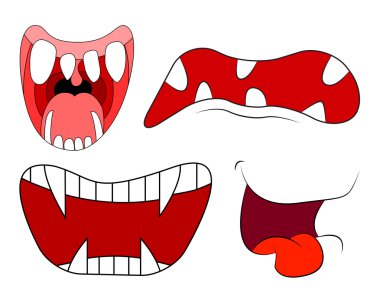 Cartoon smile, mouth, lips with teeth and tongue set. vector illustration isolated on white background
