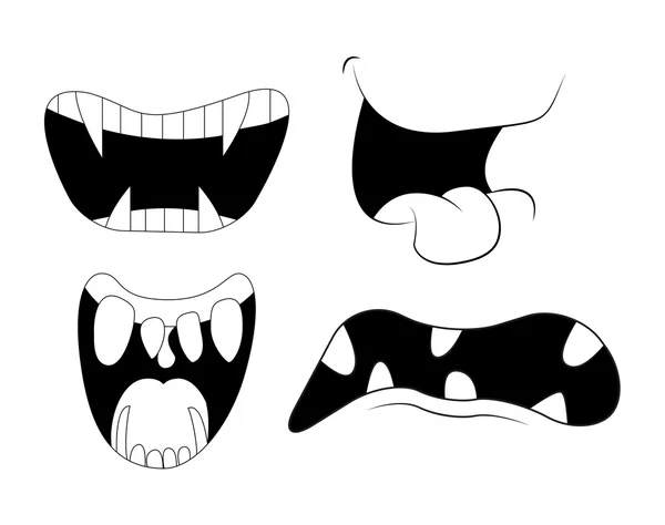 Sorriso de desenho animado, boca, com os dentes postos. silhueta vetorial, ilustração esboço isolado no fundo branco —  Vetores de Stock