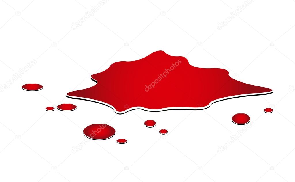Blood puddle, murder place, drop, blots, stain, red plash od blood. Vector illustration isolated on white background.