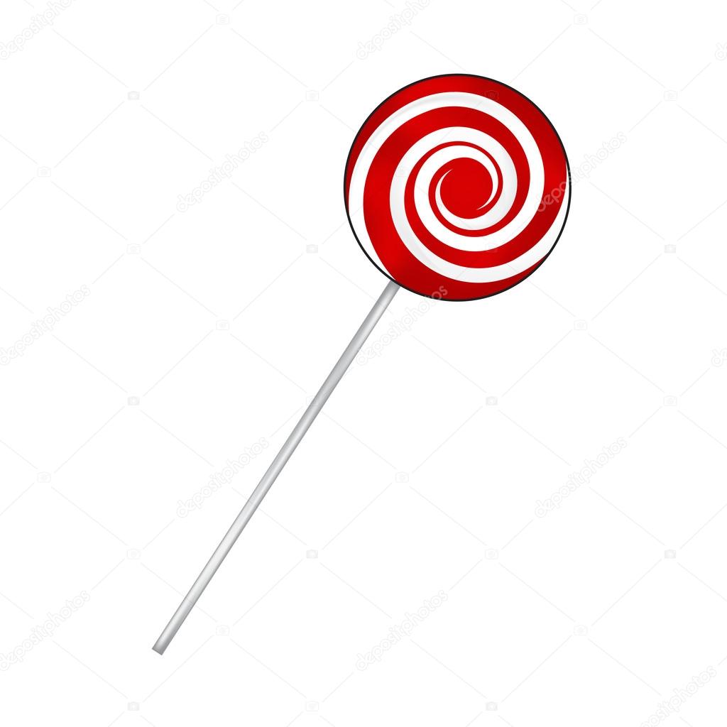 Lollipop striped in Christmas colours. Spiral sweet candy with red and white stripes. Vector illustration isolated on a white background.