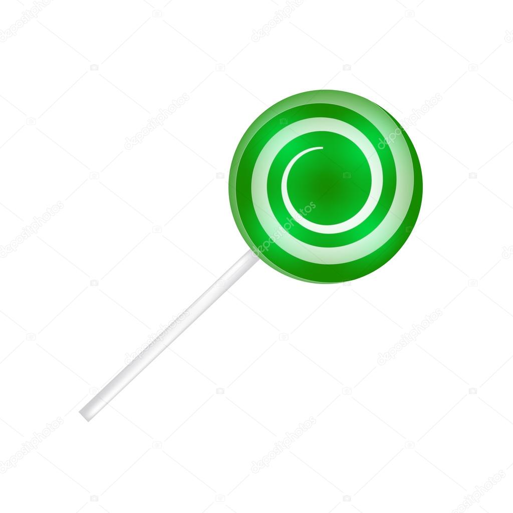 Lollipop striped in Christmas colours. Spiral sweet candy with green and white stripes. Vector illustration isolated on a white background.