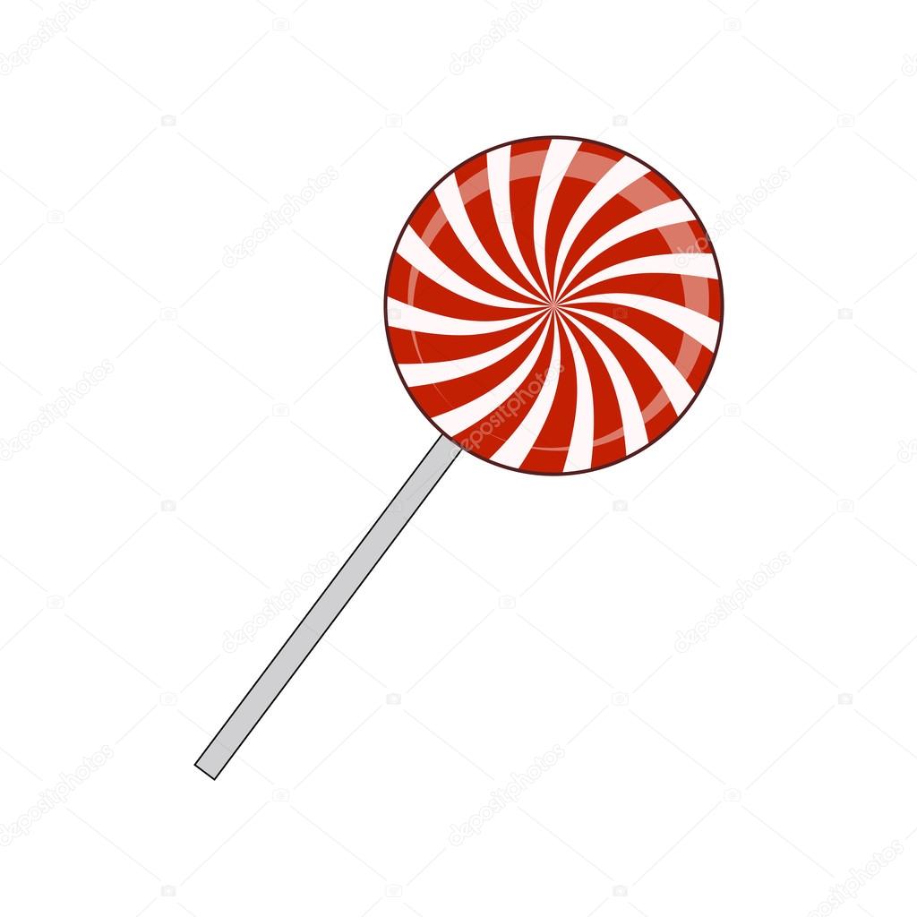 Lollipop striped in Christmas colours. Spiral sweet candy with red and white stripes. Vector illustration isolated on a white background.
