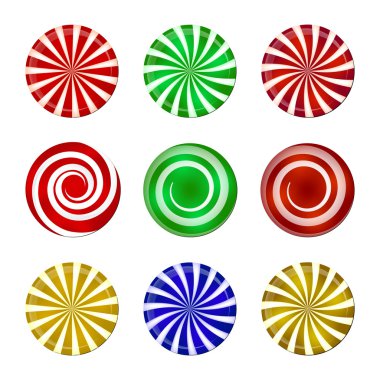 Christmas striped candy set. Spiral sweet mint goody with stripes. Vector illustration isolated on a white background.