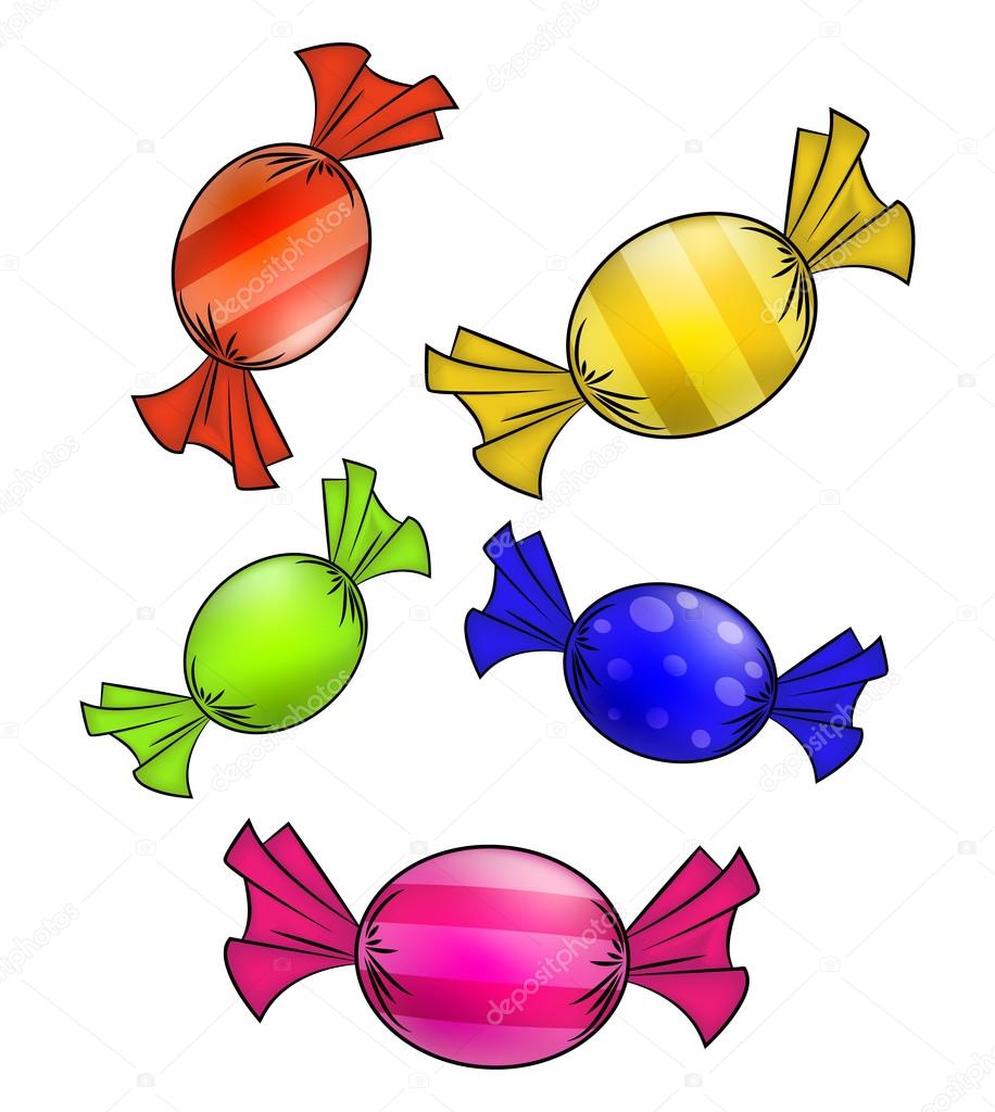 Christmas wrapped candy set. Colorful packaged sweet, goody in a piece of paper. Vector illustration isolated on a white background.