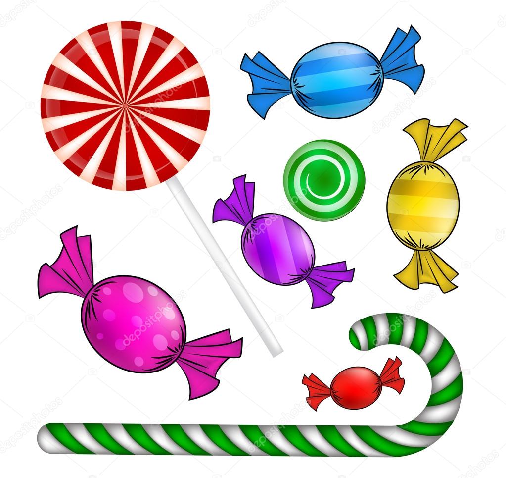 Christmas candy set. Colorful wrapped sweet, lollipop, cane. Vector illustration isolated on a white background.