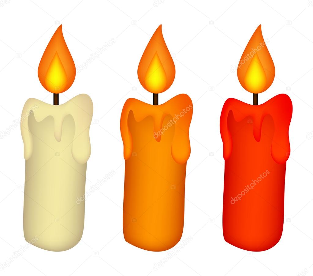 Christmas candle set, burning wax candle icon, symbol, design. Winter vector illustration isolated on white background.