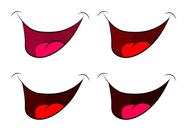 Desenhos animados conjunto de sorriso, boca, lábios com dentes e língua. ilustração vetorial isolada sobre fundo branco —  Vetores de Stock
