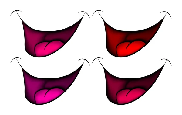 Desenhos animados conjunto de sorriso, boca, lábios com dentes e língua. ilustração vetorial isolada sobre fundo branco —  Vetores de Stock