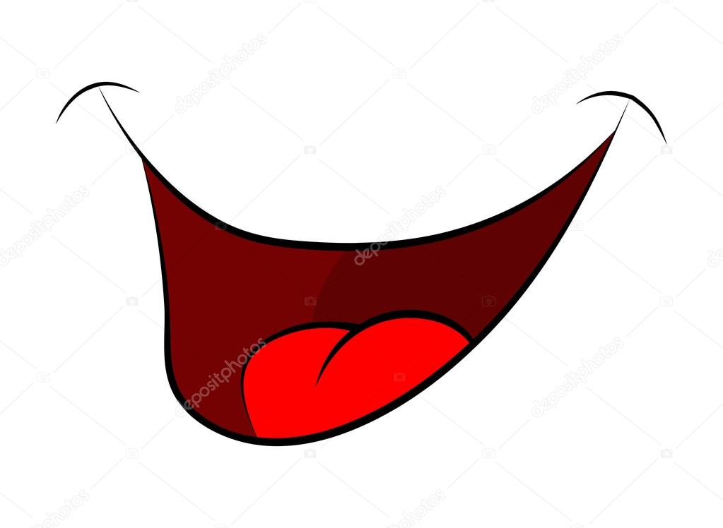 Cartoon smile, mouth, lips with teeth and tongue. vector illustration isolated on white background