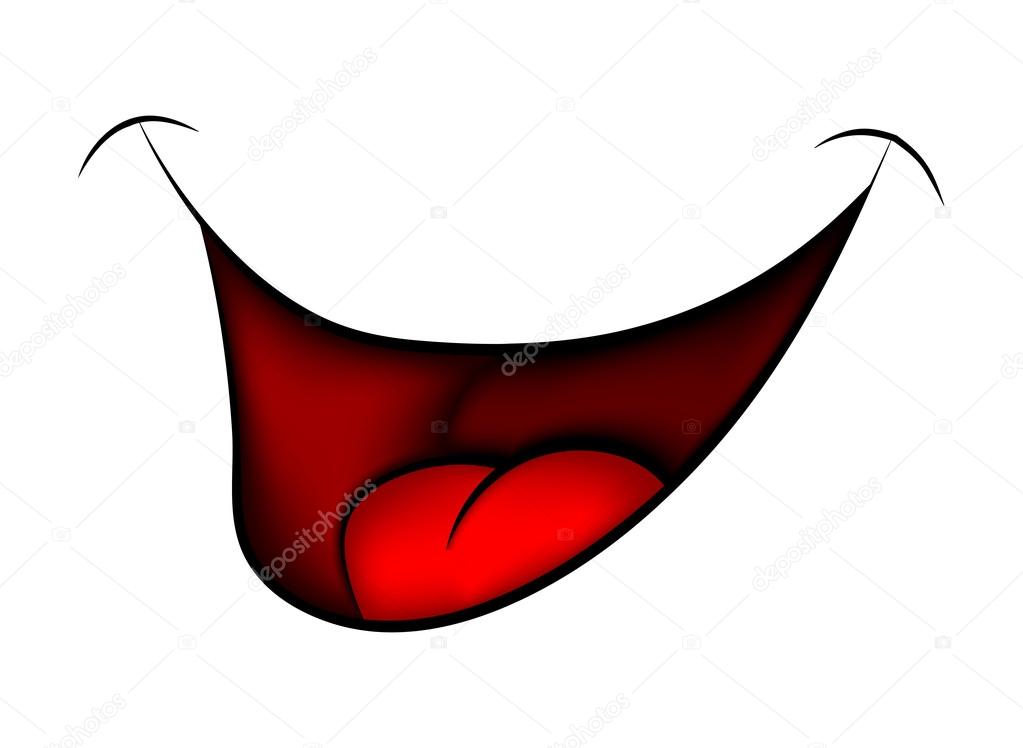Cartoon smile, mouth, lips with teeth and tongue. vector illustration isolated on white background