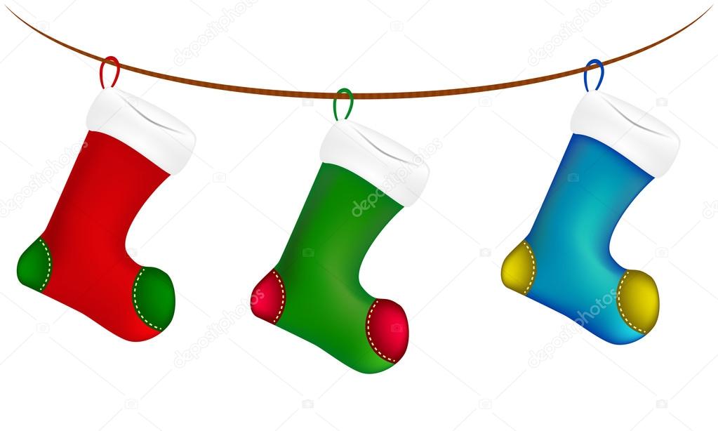 Christmas sock hang on twine, line, rope, icon , symbol, design. Winter vector illustration isolated on white background.