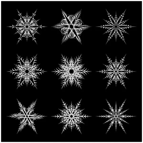 Icono de silueta de copo de nieve, símbolo, diseño. Invierno, ilustración vectorial de Navidad aislada sobre el fondo negro . — Archivo Imágenes Vectoriales