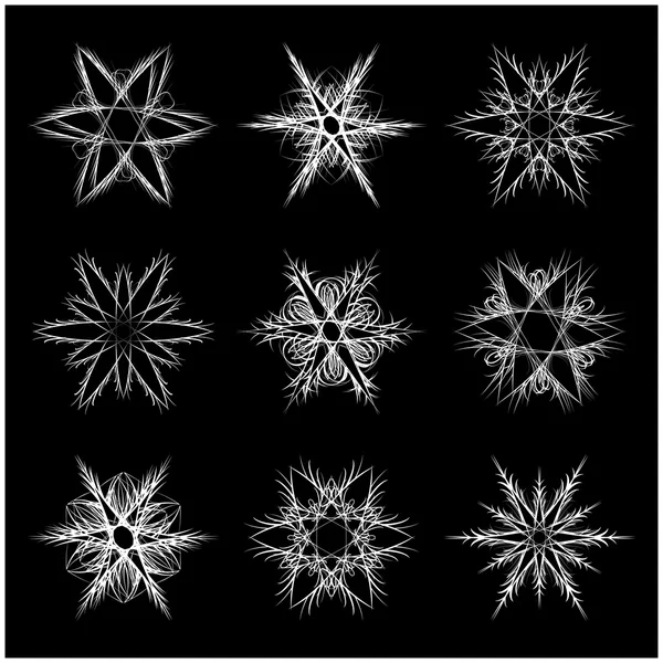 Sneeuwvlok silhouet pictogram, symbool, design. Winter, kerst vectorillustratie geïsoleerd op een zwarte achtergrond. — Stockvector